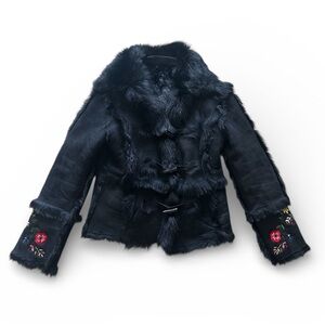 Black Lamb Fur Trimmed Jacket with Floral Embroidery, Size M, Length 23”